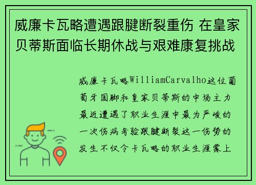 威廉卡瓦略遭遇跟腱断裂重伤 在皇家贝蒂斯面临长期休战与艰难康复挑战