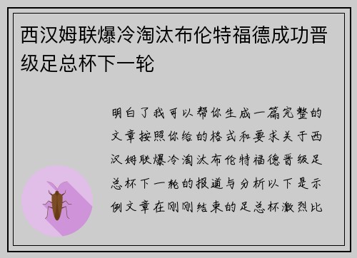 西汉姆联爆冷淘汰布伦特福德成功晋级足总杯下一轮 西汉姆联爆冷淘汰布伦特福德成功晋级足总杯下一轮