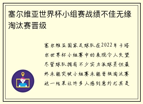 塞尔维亚世界杯小组赛战绩不佳无缘淘汰赛晋级